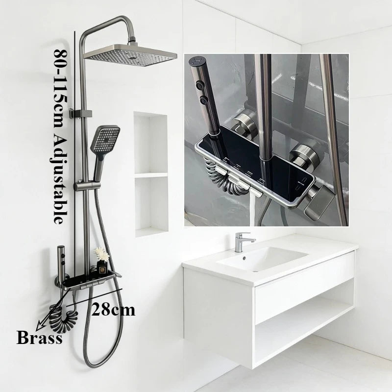 Four Ways Water Outlet Brass Bathroom Shower Set Hot Cold Bathroom Shower Faucet Full Set Grey/Chrome Rainlfall Shower System