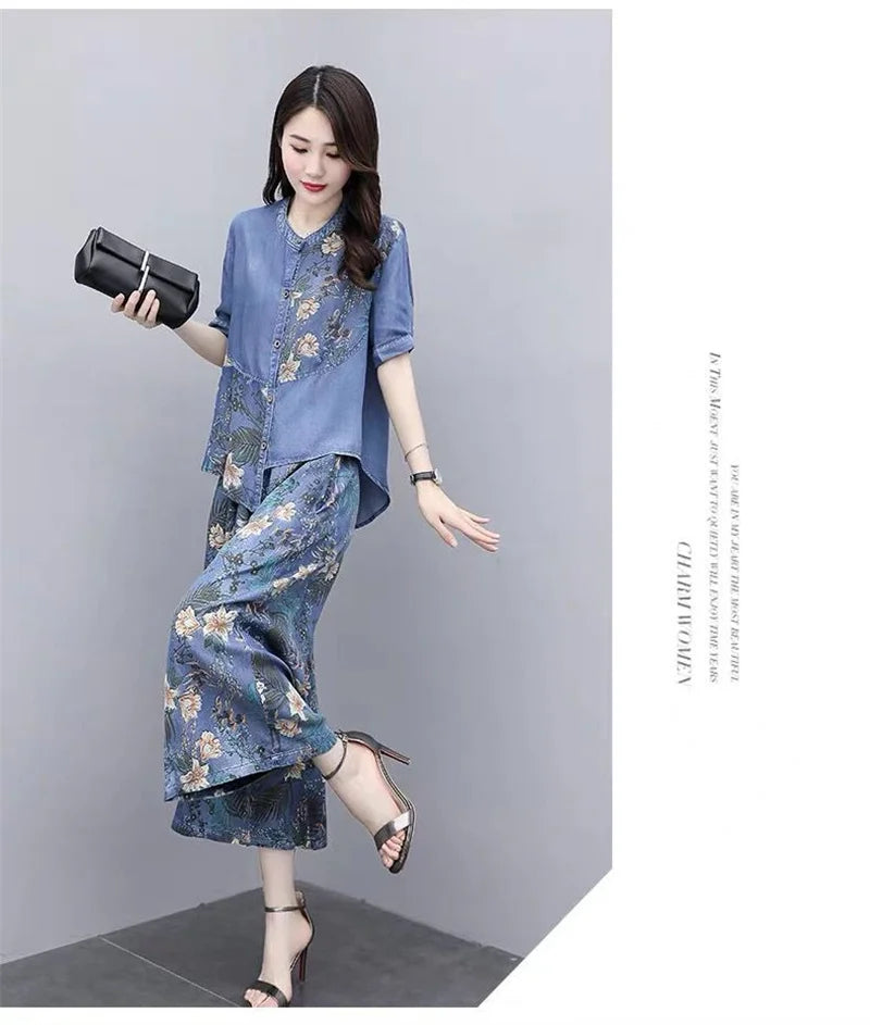 Ethnic Style Denim Wide Leg Pants Sets For Women Spring Summer NEW Embroidery Cowboy Jacket +Jeans Pants Suits Female Outfits
