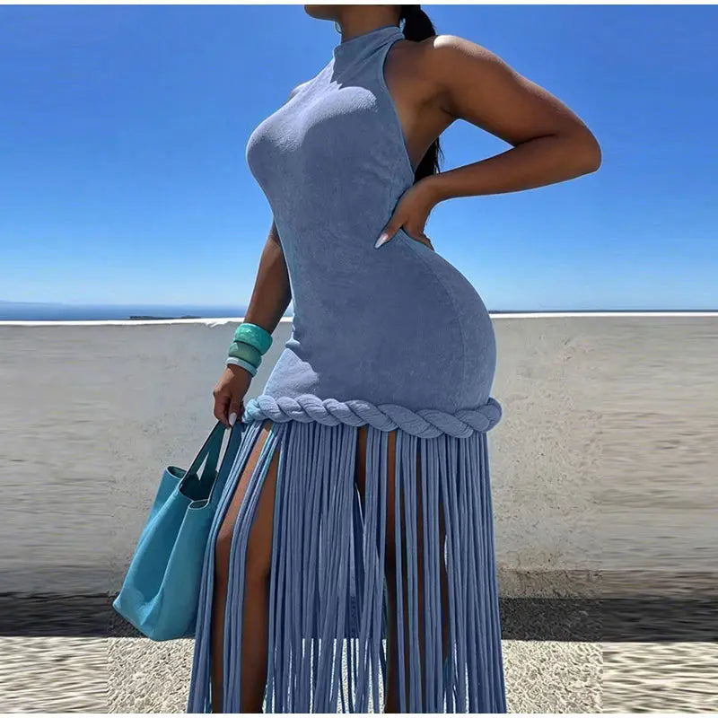 Women Solid Braided Trim Cutout Maxi Dress Sleeveless High Slit Bodycon Fit Gown 2026 Summer Elegant Evening Formal Party Outfit