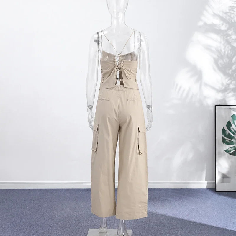 Women 2 Piece Pant Sets Women Khaki Spaghetti Strap Corset Cami Top Pocket Wide Leg Cargo Pants 2026 Matching Vacation Outfits