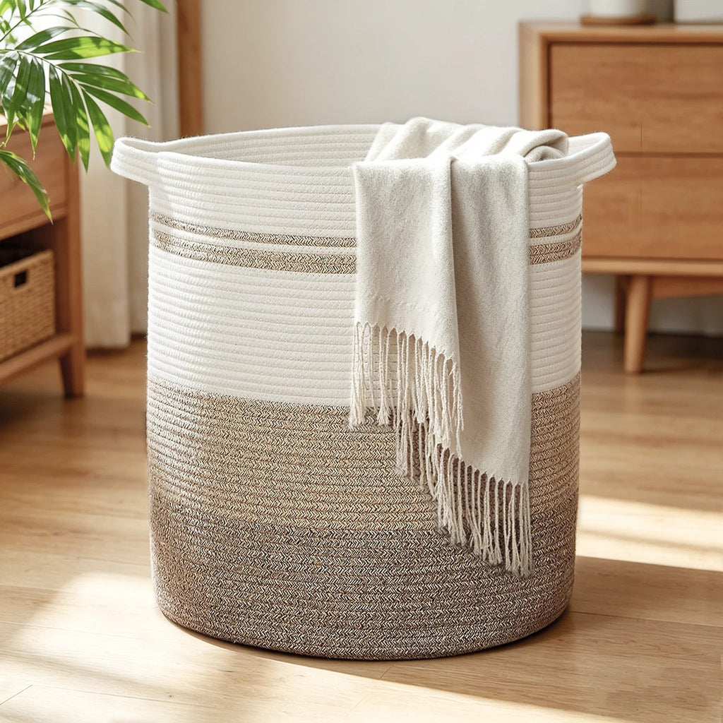 Laundry Basket with Handles - Large Woven Storage Hamper for Clothes, Blankets & Pillows, Neutral Decorative Organizer for Gift