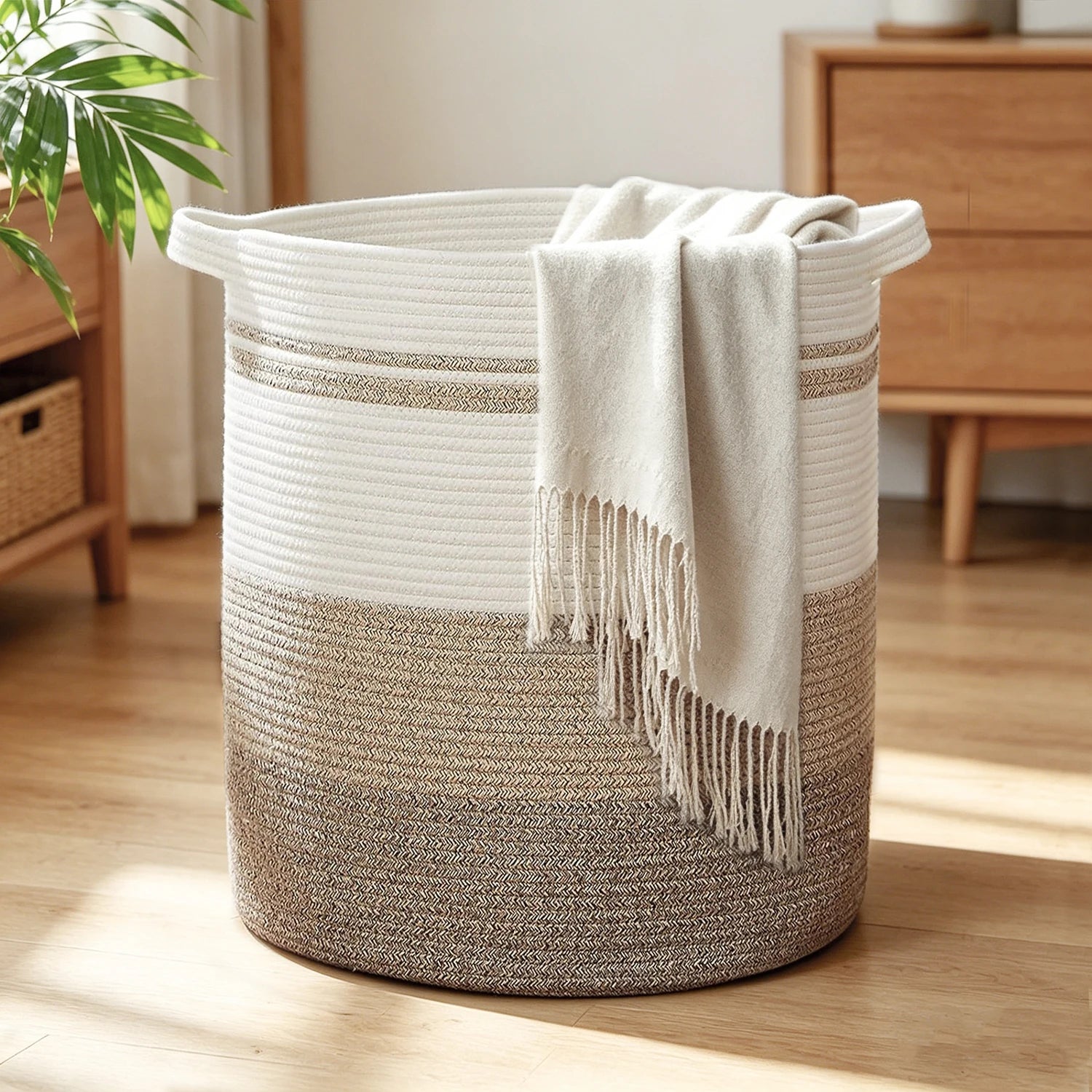 Laundry Basket with Handles - Large Woven Storage Hamper for Clothes, Blankets & Pillows, Neutral Decorative Organizer for Gift