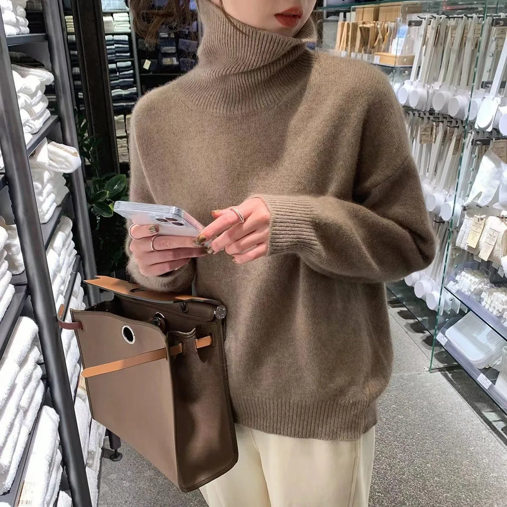 Autumn Winter Thick Loose Knitwear Sweater Tops Casual Turn Down Collar Long Lantern Sleeve Knitted Pullover Coats PYXA-dh70