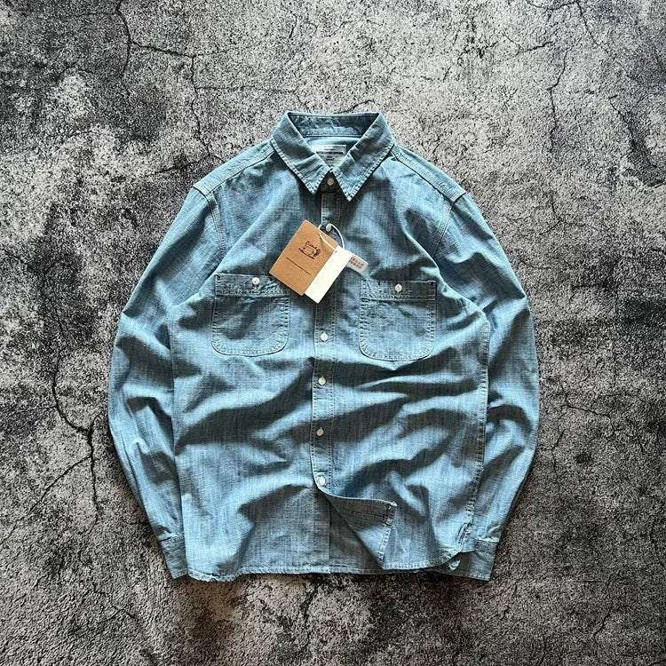 Japan Retro Bamboo Yarn Denim Casual Shirt Cool Hong Kong Style Long Sleeve Loose Spring Autumn 100% Cotton Washed Workwear Tops