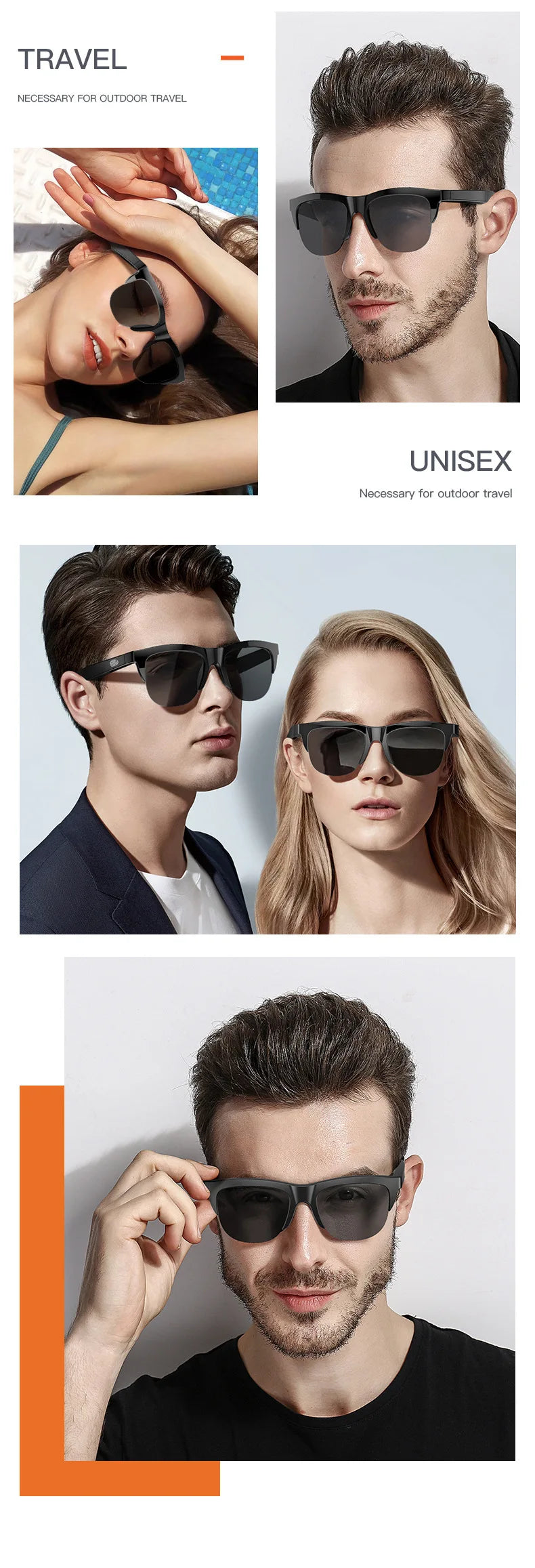 Fashionable Smart Glasses Bluetooth Headphone, Calling Music Control, Wireless Men Women Gift for Outdoor