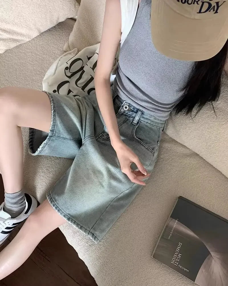 Summer High Waist Retro Jean Shorts for Women Loose Straight Denim Fashion Versatile Leisure Shorts Women's 2026