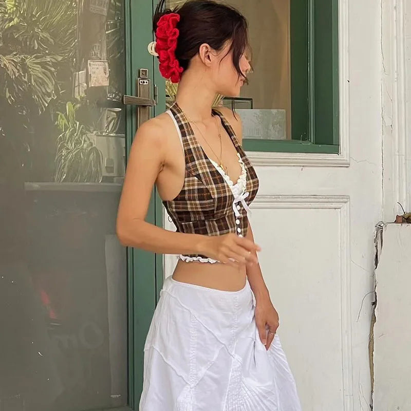 French Style Retro Slim Halter Top Y2K Lace Backless Sleeveless V-neck Ruffle Camisole Summer Sexy New Women‘s Clothes