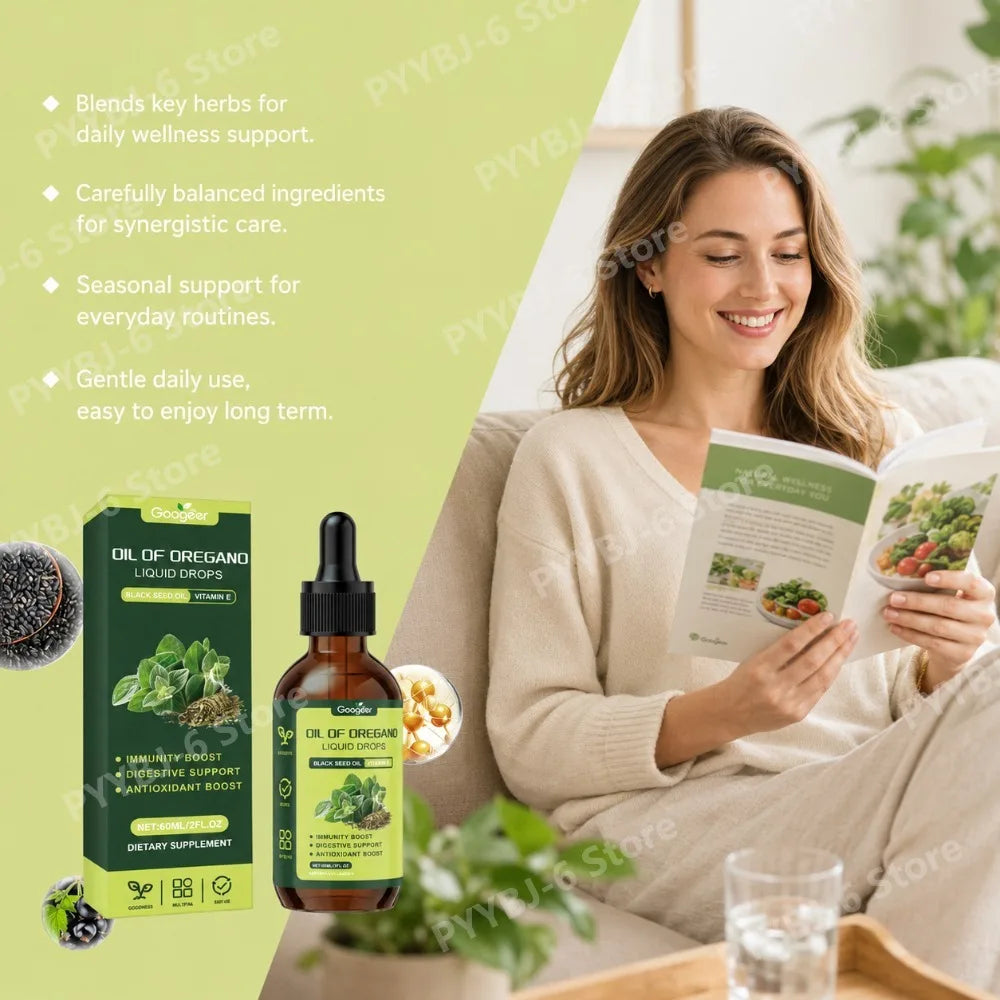 Oregano Oil Liquid Drops with Black Seed Oil VitaminE Natural Herbal Supplement for Immunity Digestive &Antioxidant Support 60ml