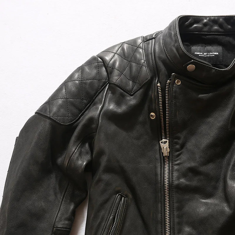 YR!Best.Heavy Thick Cowhide Motor Jacket.Mens Vintage Style Tanned Leather Coat.1.5mm Leather Rider Jacket.Slim Fit