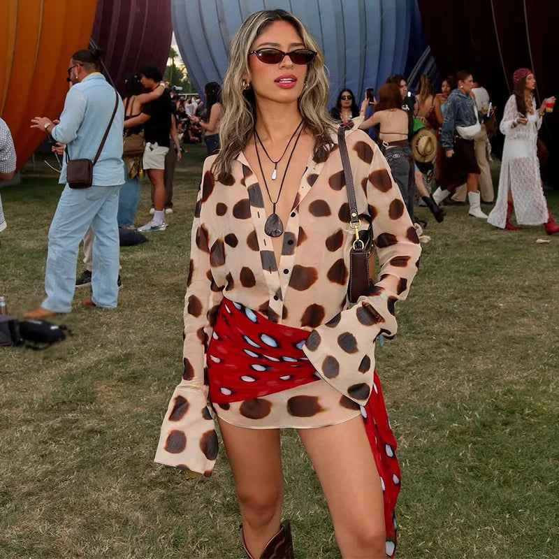 Sexy Printed Shirt-style Women's Dress Full Sleeve Turn-down Collar Button Detachable Scarf Dresses 2026 Summer Chic Female Robe