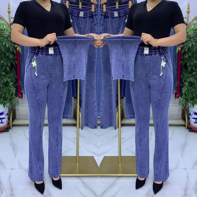Middle-aged Women's Jeans Spring Fall Stretch Waist Denim Pants Large Size Loose Female Micro Flare Pants Winter Thick Warm Jean