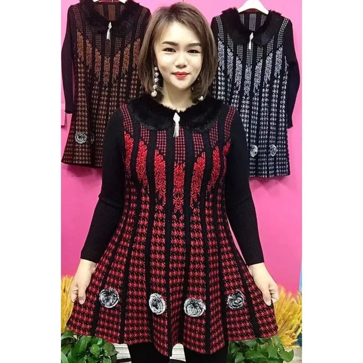 Autumn Winter New Mother Knitted Dress Large Size Thicken Loose Pullover Female Sweater Dress Mid-length Women Bottoming Shirts