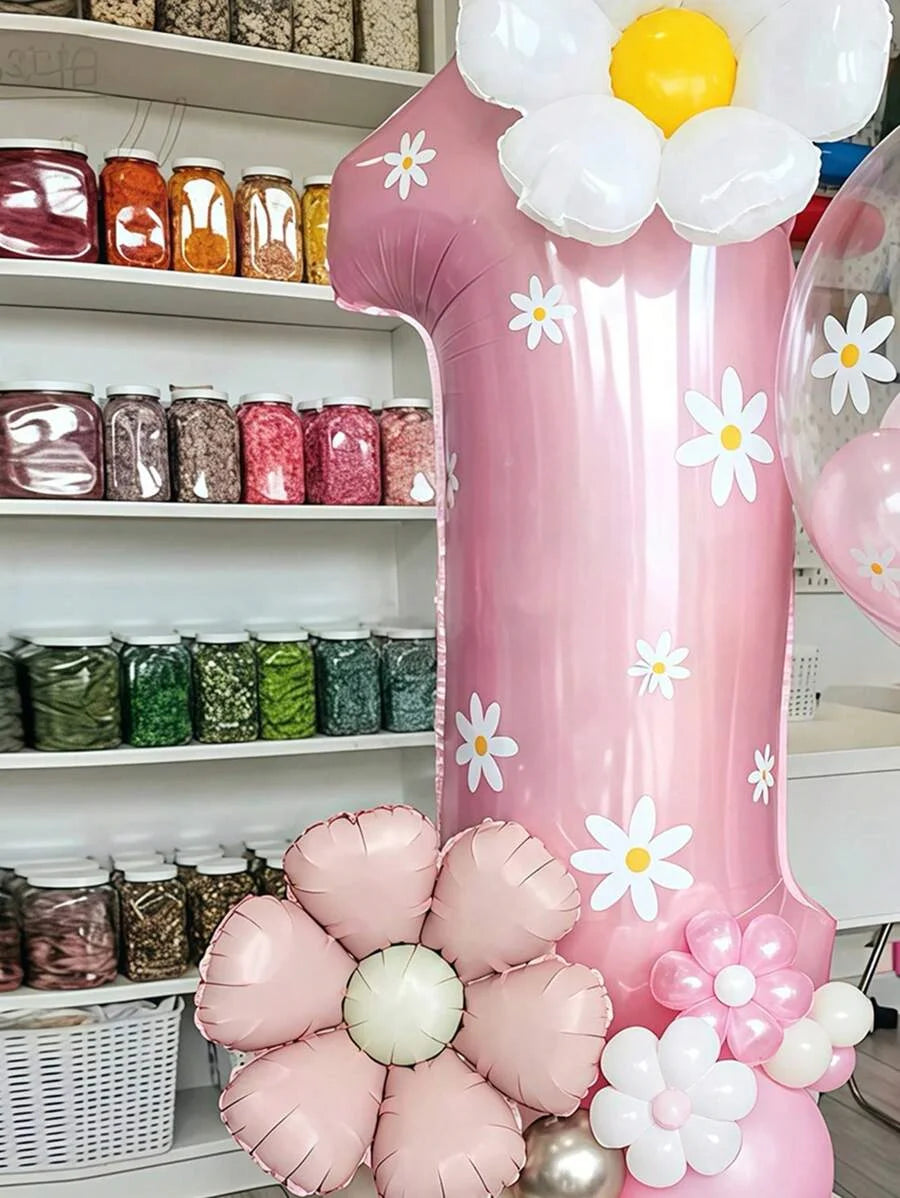 42pcs Daisy Pillar Balloon Set, Includes Oversized Pink Number Balloons, Sunflower Foil Balloons,For Birthday,Girls' Party