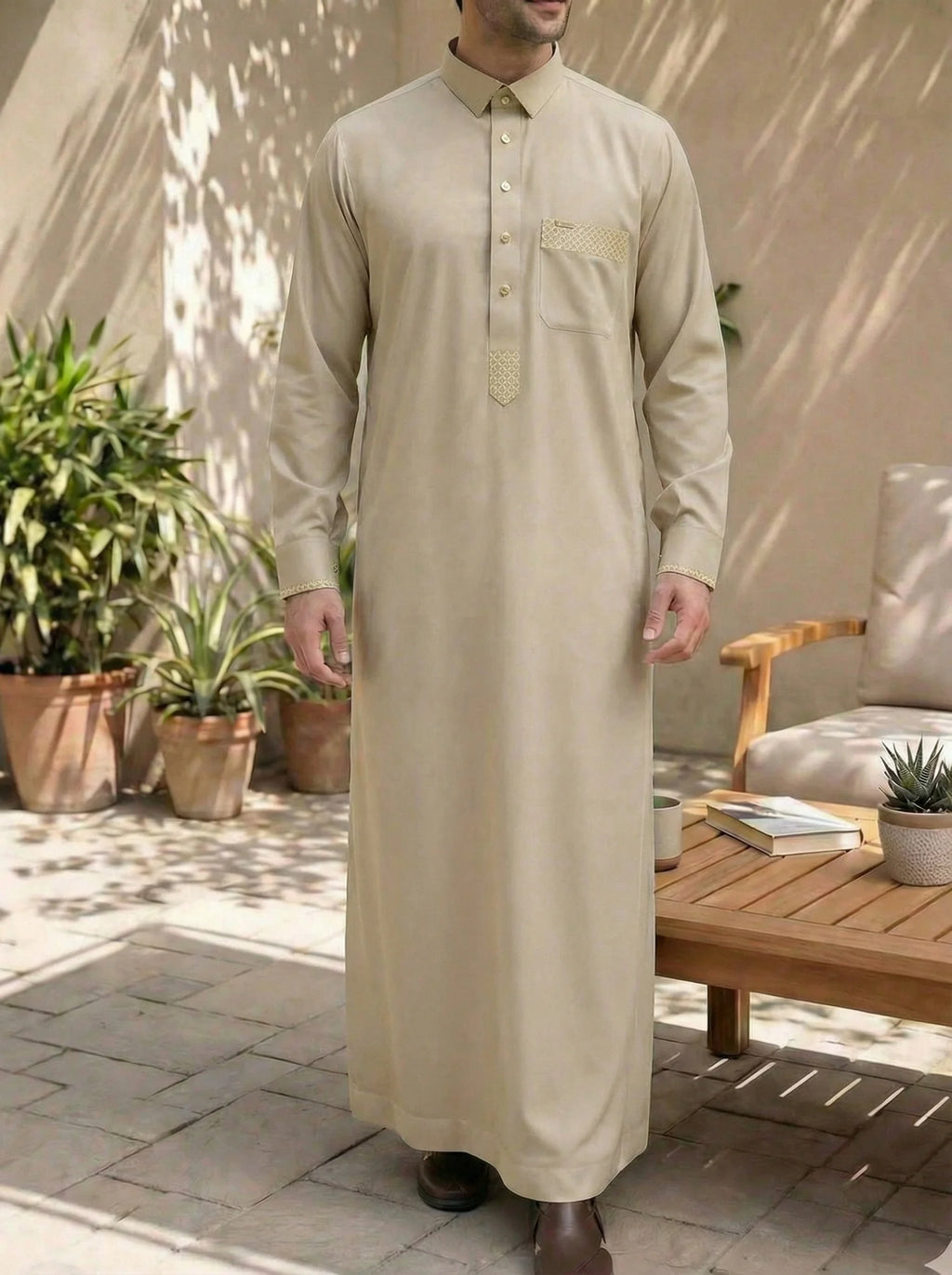 Apricthobe Middle Eastern men's side-pocket robe and jubba Thawb men's plus-size Muslim casual embroidered Arab robe
