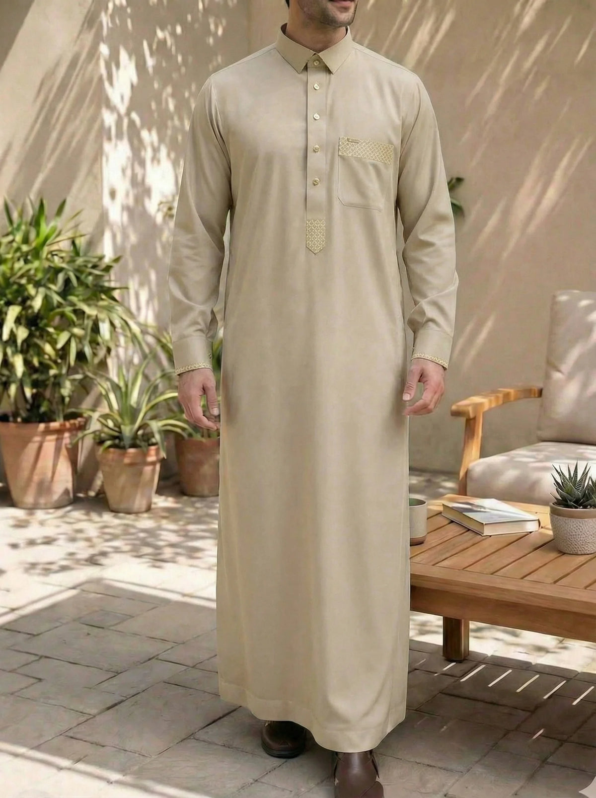 Apricthobe Middle Eastern men's side-pocket robe and jubba Thawb men's plus-size Muslim casual embroidered Arab robe