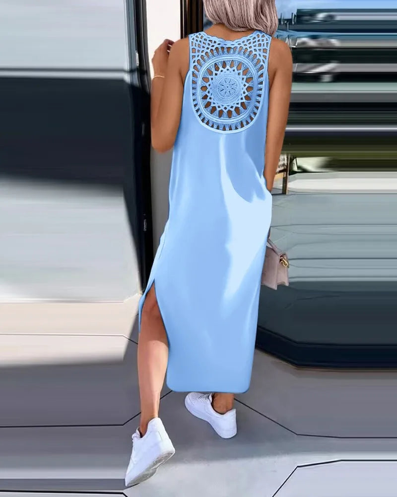 Summer Casual Temperament Fashionable Slim Fit Solid Color Round Neck A-line Skirt Lace Lace Lace Back Sleeveless Slit Dress