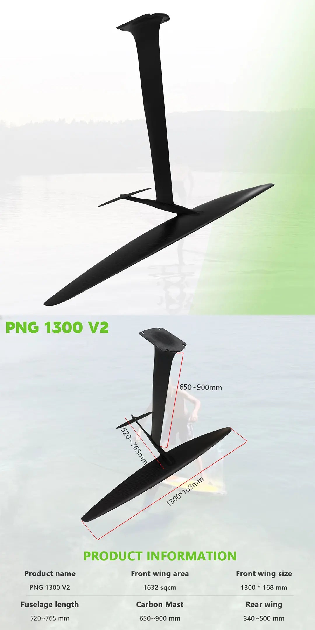 Original Factory-Made 1300V2 Carbon Fiber Hydrofoil 1632sqcm for SUP/Prone Surfing and Wind-Wing Kite Water Sports