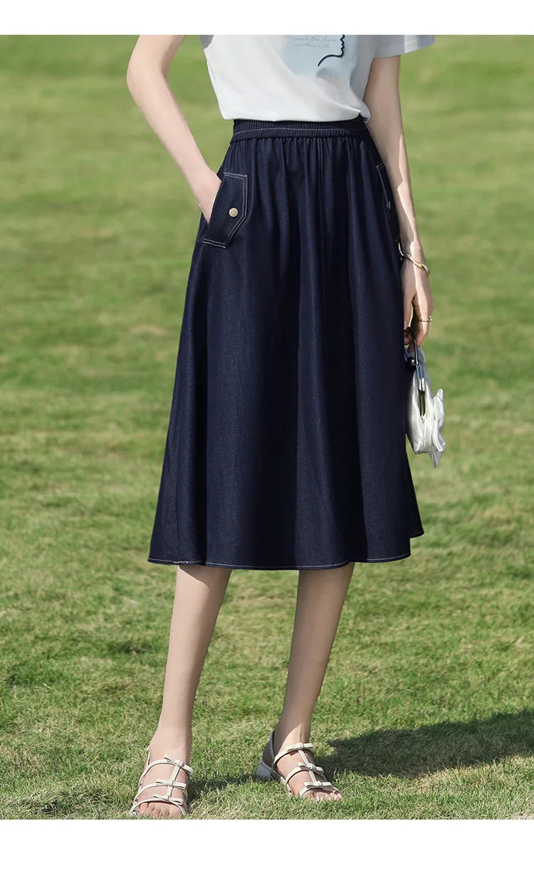 I BELIEVE YOU Dark Blue Denim Midi Skirt for Women 2026 Spring Elastic Waist Skirts Casual A-Line Skirt with Pockets 2261026207