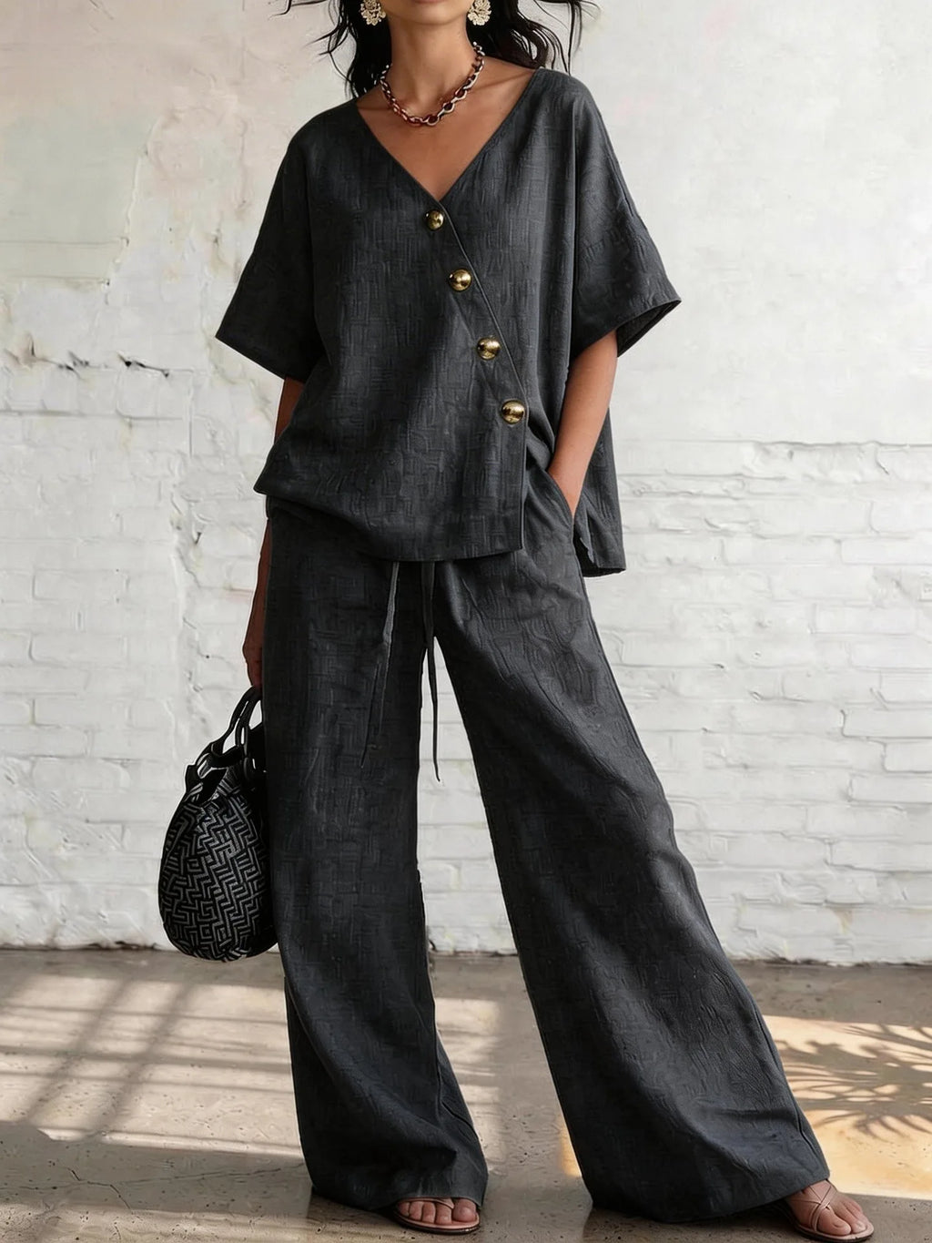 Casual Cotton Loose Pants Sets Women Summer 2026 Fashion Short Sleeve V-neck Tops And Wide Leg Pant 2 Piece Set Woman Outfits