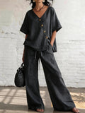 Casual Cotton Loose Pants Sets Women Summer 2026 Fashion Short Sleeve V-neck Tops And Wide Leg Pant 2 Piece Set Woman Outfits