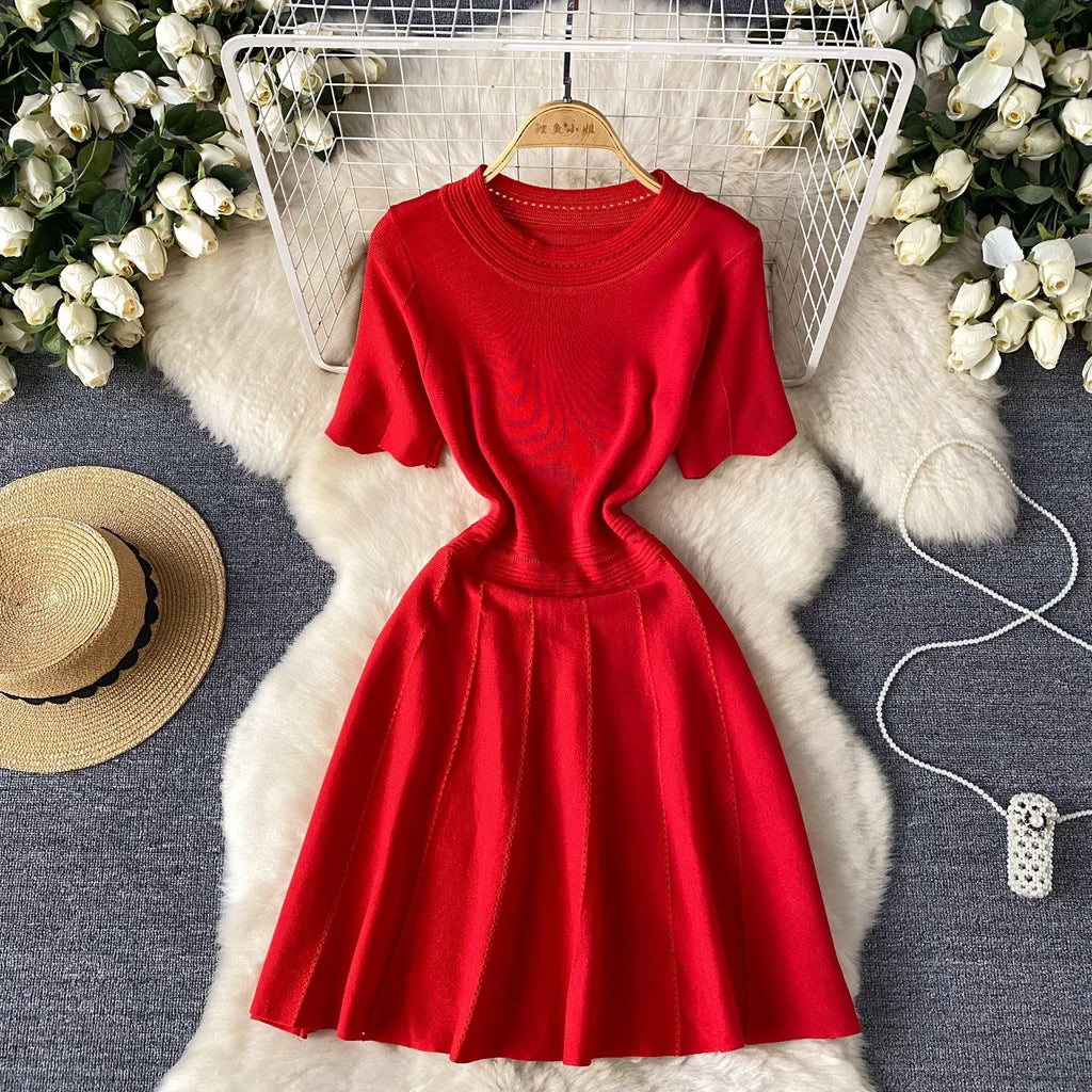 Red Senior Solid Knitting Dress Ladies O-Neck Short Sleeve Hollow Out Design Elastic Knitted Fashion Basic A-Line Dress