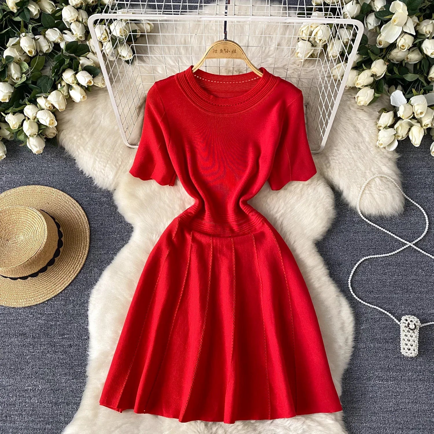 Red Senior Solid Knitting Dress Ladies O-Neck Short Sleeve Hollow Out Design Elastic Knitted Fashion Basic A-Line Dress