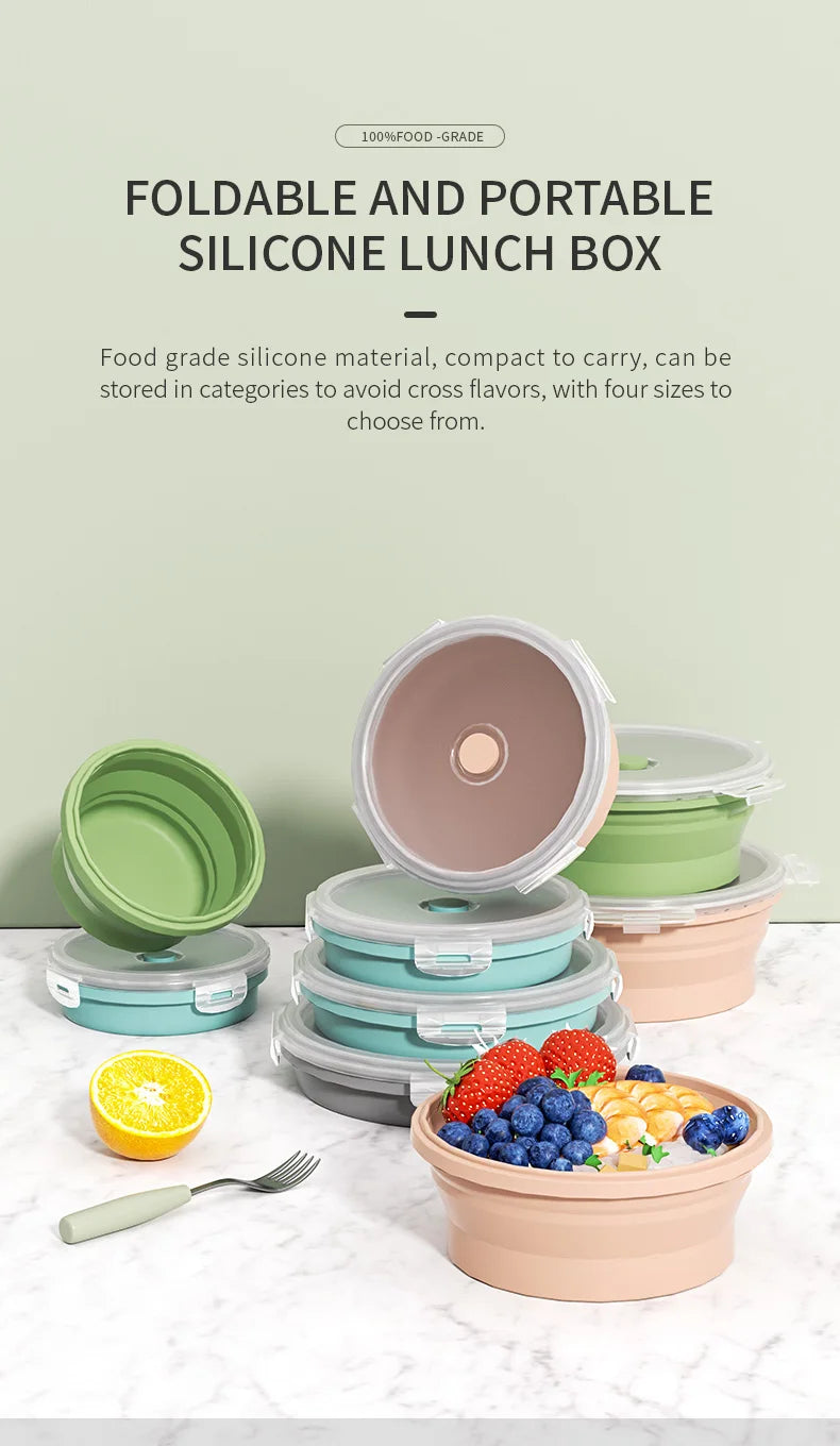 1PCS Food grade round portable foldable silicone lunch box refrigerator microwave oven lunch box storage box outdoor lunch box