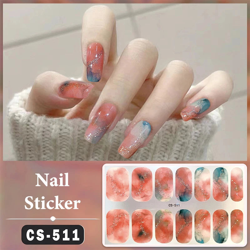 No Baking Lamp Waterproof Nail Wraps Full Cover Nail Stickers Firm And Not Easy To Fall Off 14 Nails/Set Multi Color Nail Patch