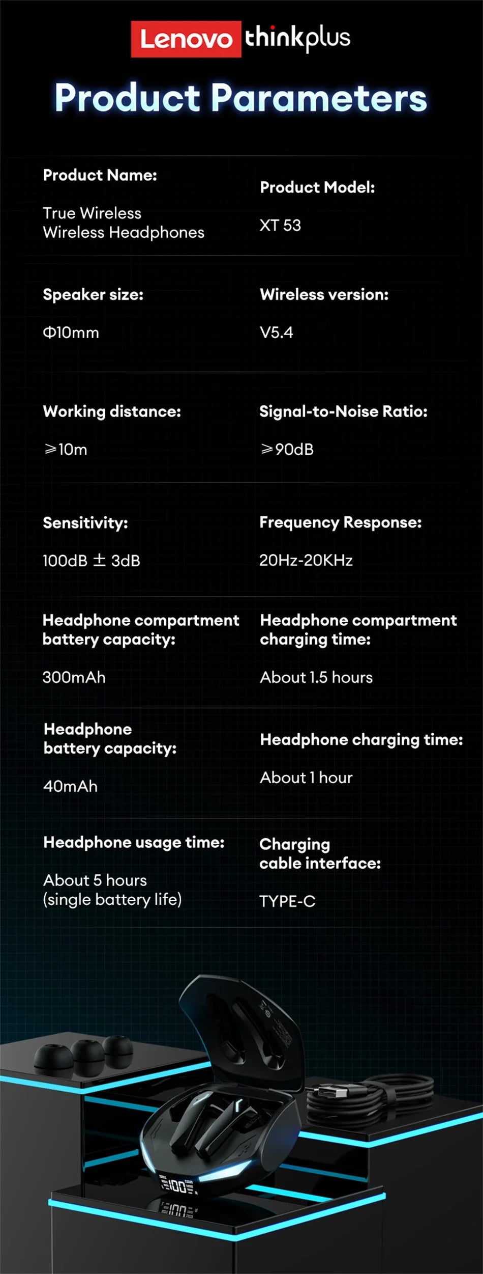 Lenovo XT53 Wireless Upgrade Bluetooth 5.4 Earphones Ultra Long Endurance Low Latency Gaming Headset LED Digital Display Earbuds