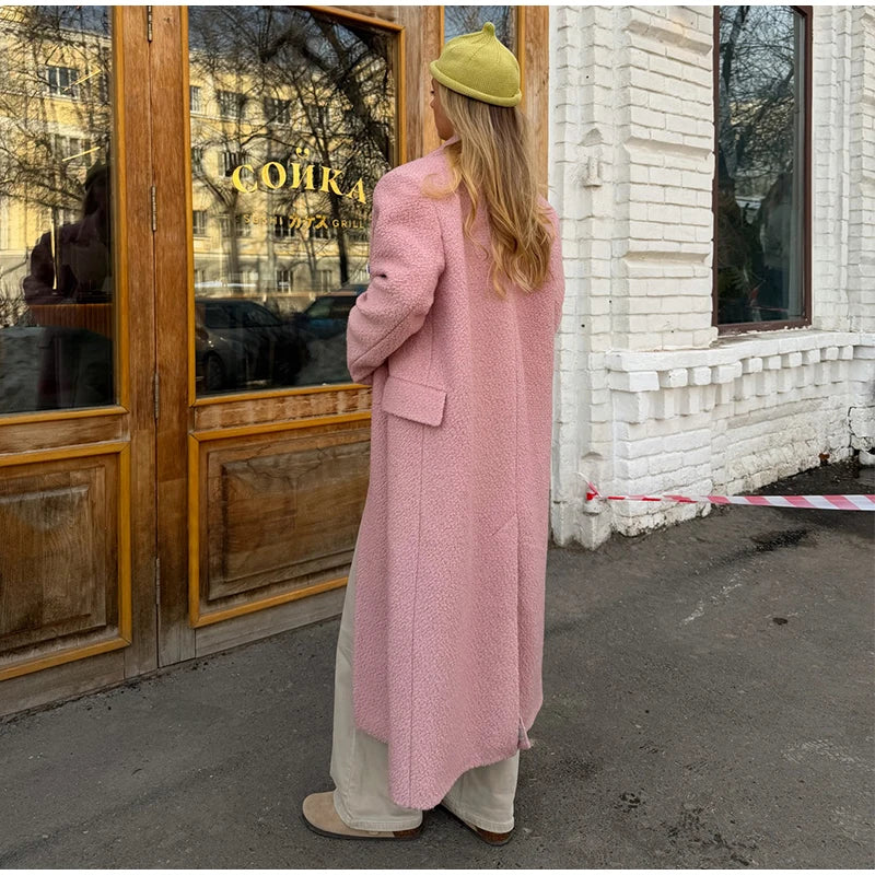 Chic Women's Woolen Overcoat Autumn Winter Solid Lapel Double Breasted Long Sleeve Long Coat 2026 Elegant Lady Street Outwear