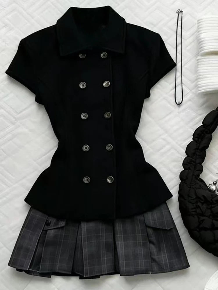 Women Retro Sweet Two‑Piece Outfit Plaid Short Sleeve Top High Waist Pleated Skirt Y2K Harajuku Style Hot Girl Summer Daily Suit