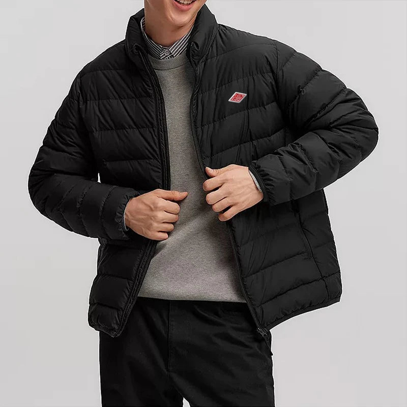 Winter Korean Style Men With Embroidery Logo Front Light Thin Hooded Down Long sleeves Zipper Turtleneck Jacket Warm Windproof