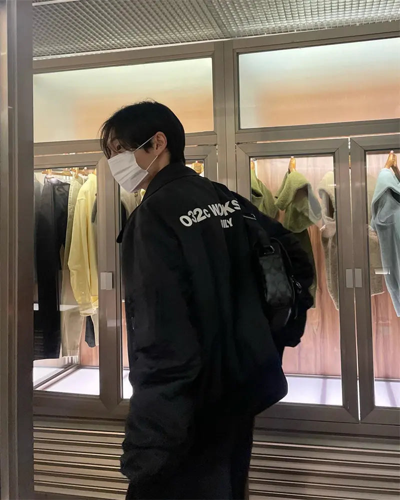 032C black silhouette short wide bomber zip multi pocket jacket