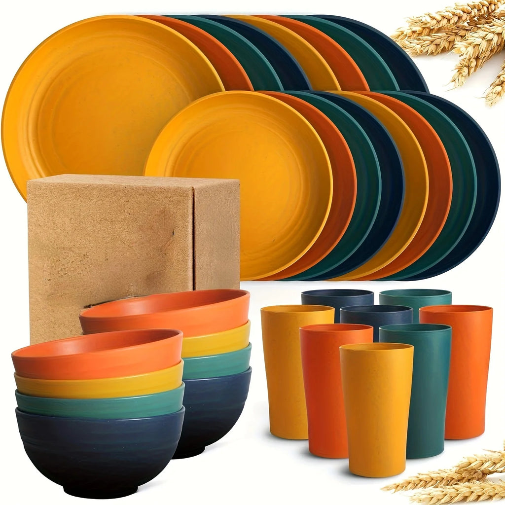 32-Piece Kitchen Plastic Dinnerware Set, Service For 8, Dinner Plates, Dessert Plate, Cereal Bowls, Cups, Unbreakable