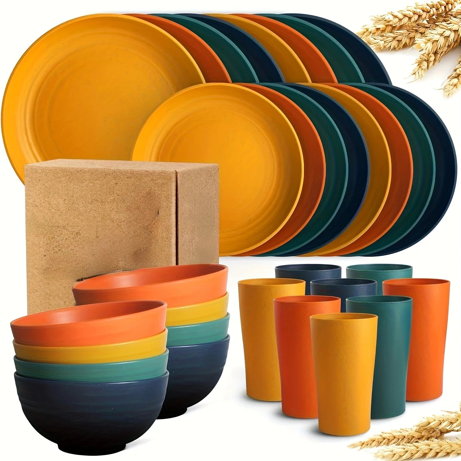 32-Piece Kitchen Plastic Dinnerware Set, Service For 8, Dinner Plates, Dessert Plate, Cereal Bowls, Cups, Unbreakable
