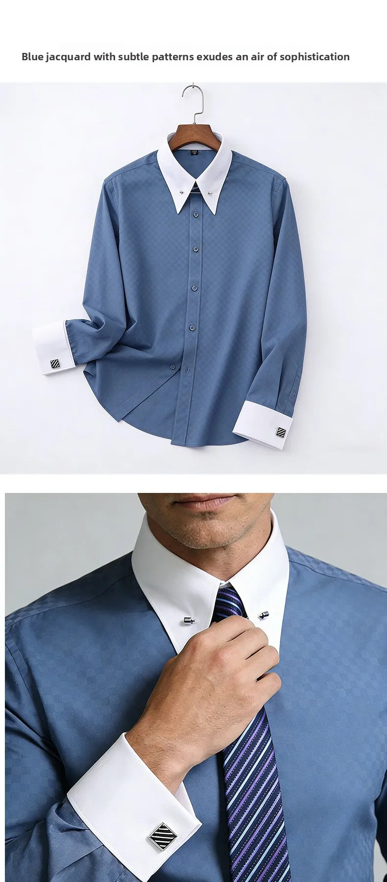Embroidered French Cufflinks Men's Long-Sleeve Shirt with Collar Pins No tie Big Collar Dress Shirt for Business Formal Gentlema