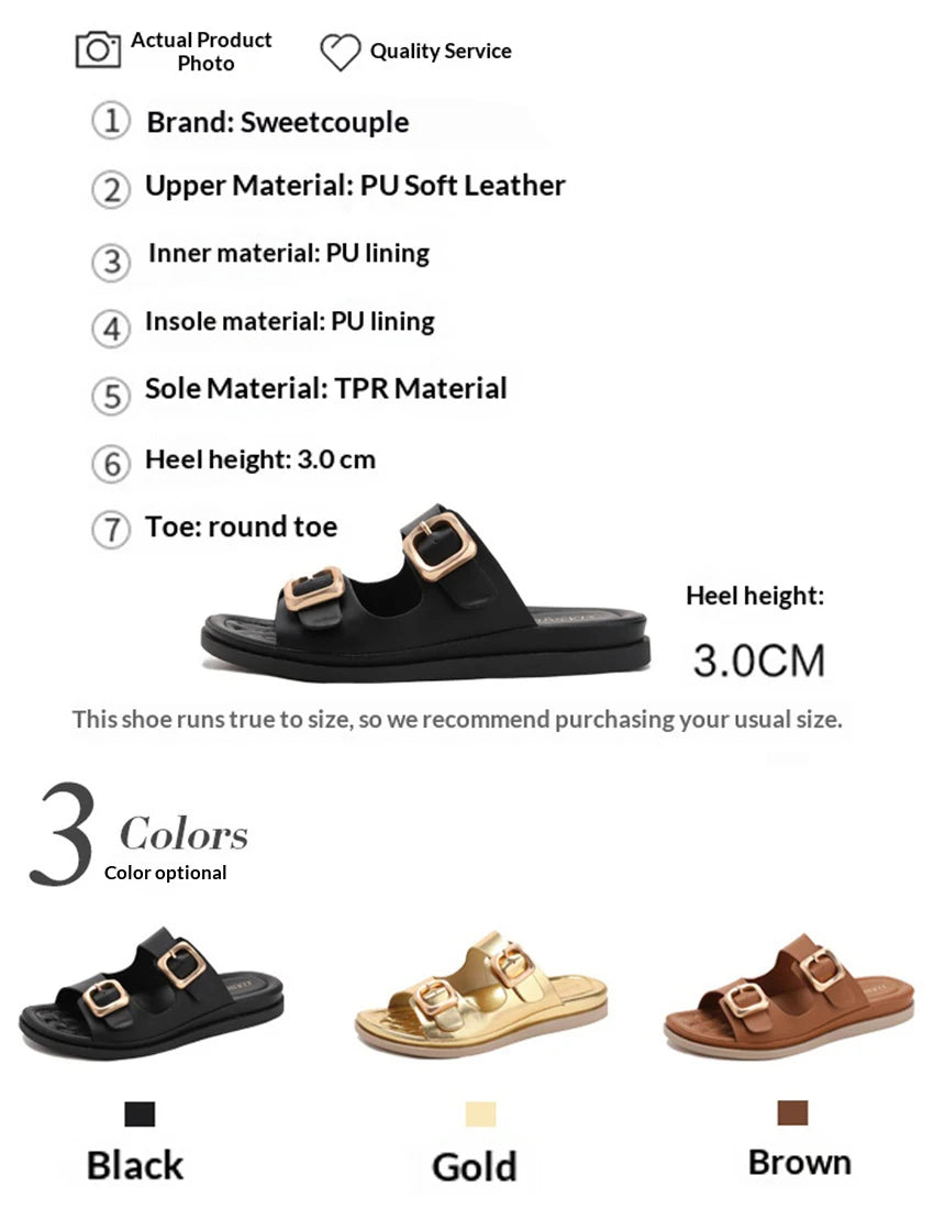 Casual Slippers Women PU Leather Open Toe Double Buckle Flat Summer Outdoors Non-Slip Soft Soles Slip On Beach Footwear Slippers