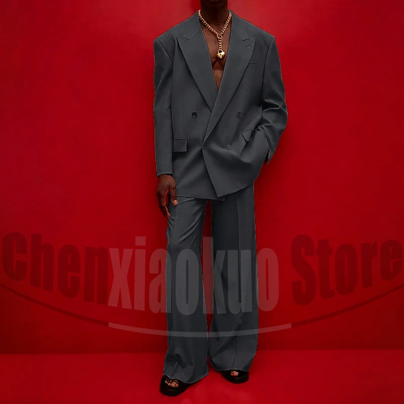 Men's Double Breasted Suit Set Oversized Blazer and Wide-Leg Trousers Fashion Casual Formal Outfits for Streetwear Party