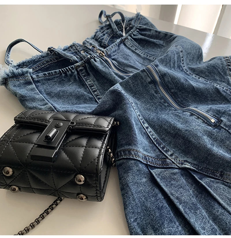 Sexy Mini Spaghetti Strap Lace-Up Jeans Dress Women 2024 New Trendy Summer Girls Dress Fashion Ripped Tassel Denim Dress Female