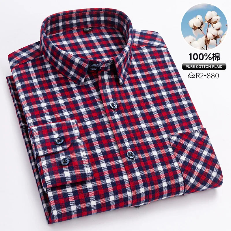 Classic Retro Plaid Flannel Shirt Long Sleeve 100% Cotton Fashion Casual Soft Spring Autumn Winter Standard Pocket Men's Shirt