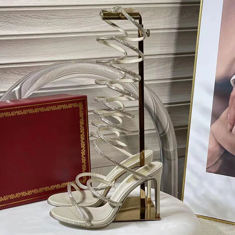 New Runway High Heels Sandals Women Crystal Decoration Ankle Strap Stiletto Shoes Woman Narrow Strap Gladiator Sandals Woman