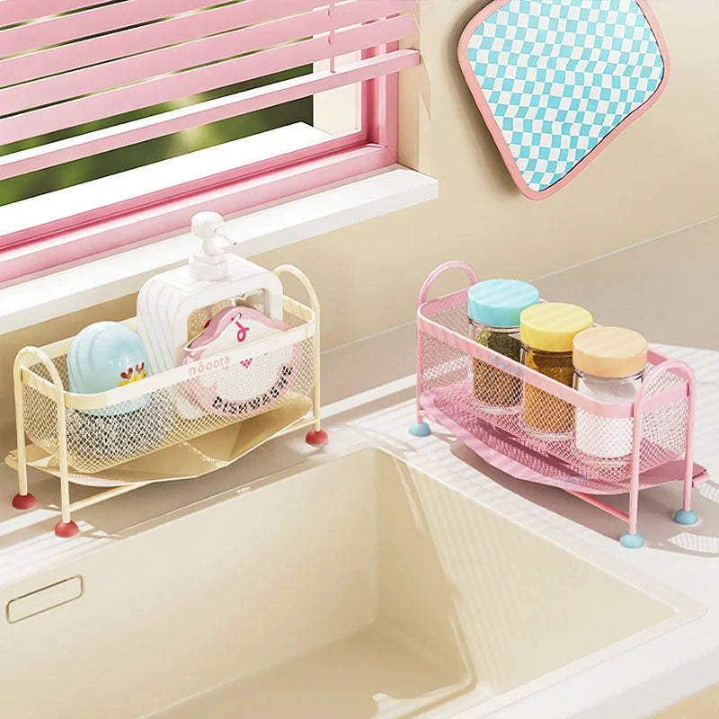 Macaron Kitchen Sink Organizer Rack Narrow Countertop Drain Storage for Sponge Dishcloth Scrubber Steel Ball Soap Holder