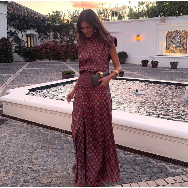 Elegant Printed Women's Vest Skirts Suit Sleeveless Top A-Line Long Skirts Lady Set 2026 Summer Autumn 2 Pieces Set Women
