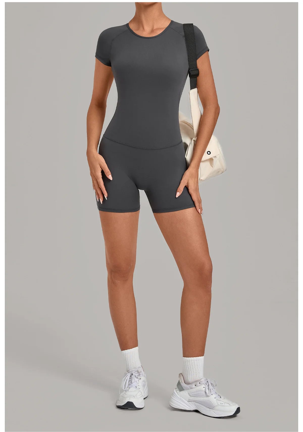 Women Short Sleeve Open Back Yoga Bodysuit Squat Proof Short Jumpsuit Gym Pilates Running Workout Fitness Sport Activewear