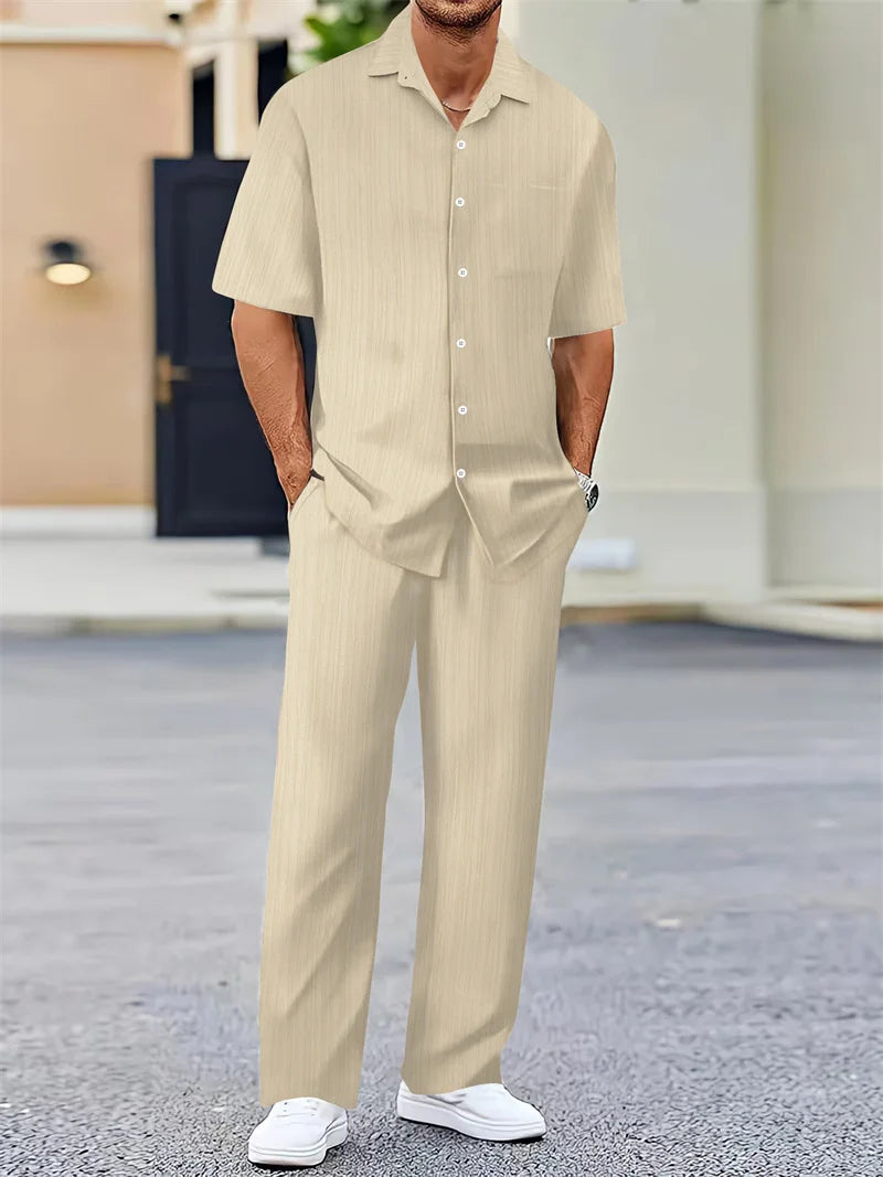 spring Summer Men Sets short-sleeve cardigan lapel shirt+trousers suit men's fashion 2 pieces tracksuit striped leisure suit