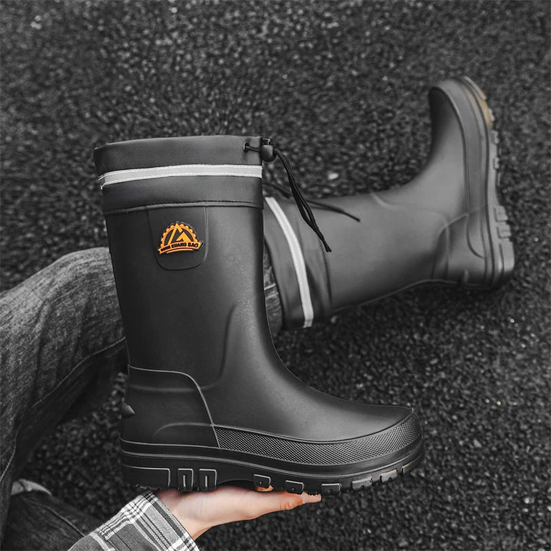 Men's Winter Fleece Lined Mid-Calf Rain Boots Anti-Slip Waterproof Work Rubber Boots Car Wash Fishing Outdoor Wear Water Shoes