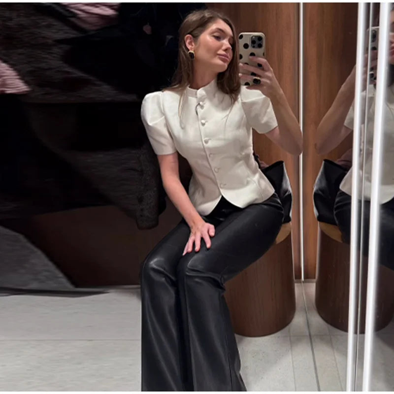 Solid Satin Lace V-Neck Puff Sleeve Blouse Curved Hem Slim Fit 2026 Summer Glam Women Satin Shirt Parisian Versatile Lady Blusa