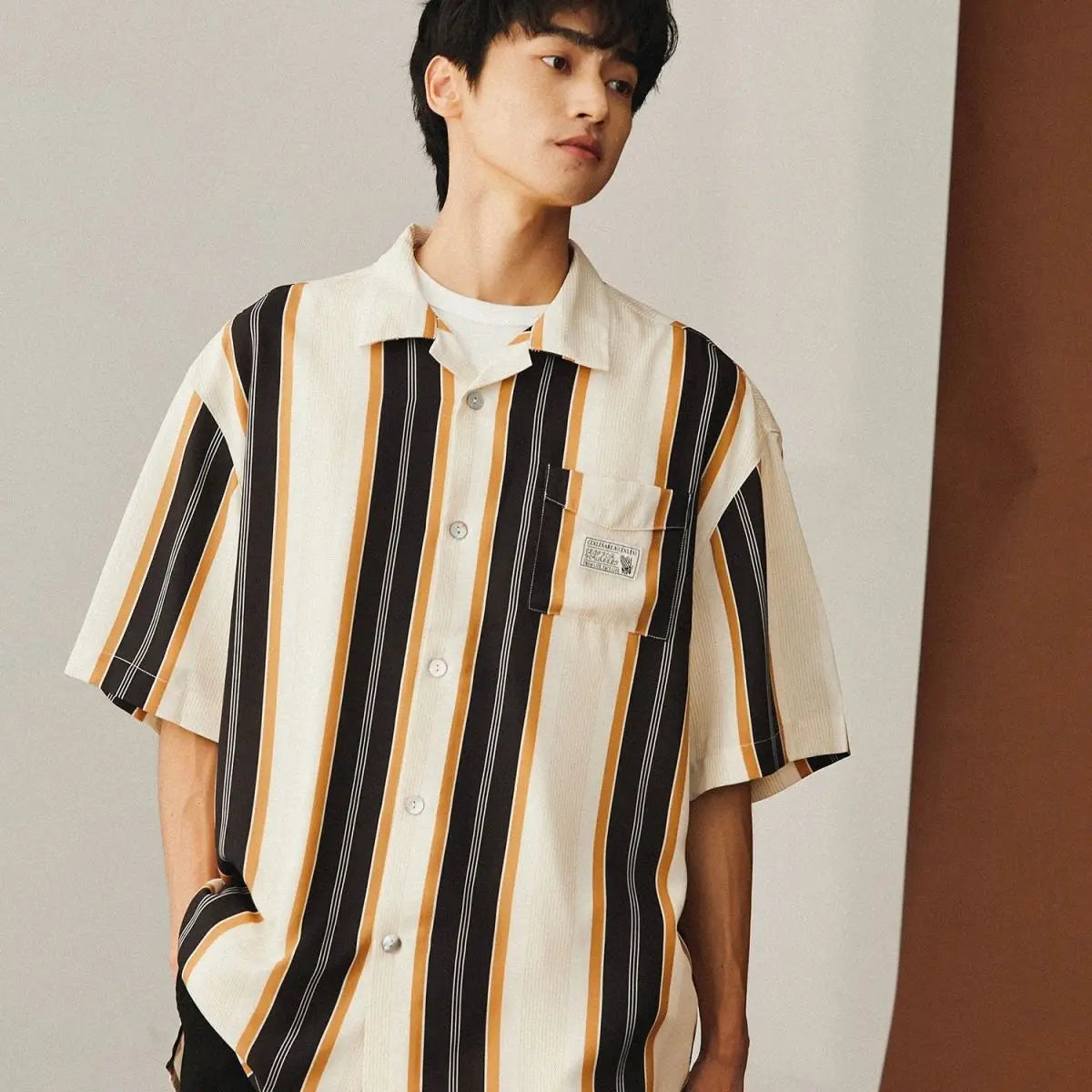 Summer New Turn-down Collar Fashion Short Sleeve Shirt Man High Street Casual Button Cardigan Striped Pockets Patchwork Tops