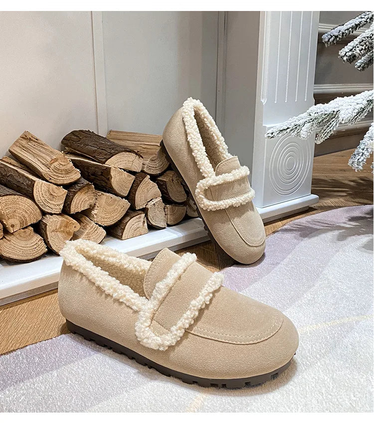 2026 Faux Suede Flats Women Lambswool Loafers Winter Warm Cotton Shoes Ladies Platform Fleeces Mocasines Female Sheep Fur Boots
