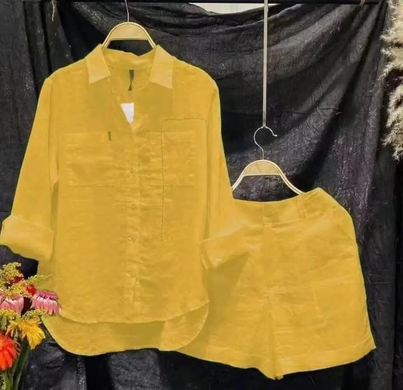 Fashion White Long Sleeve Shirt And Shorts Two Piece Sets Woman 2024 Spring Cotton Linen Casual Home 2 Piece Set For Women